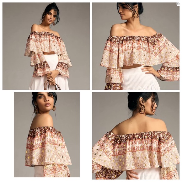 🍁 NWT Mare Mare X Anthropologie Off-Shoulder Top Tiered Ruffle Sleeves Size XL - Picture 1 of 6